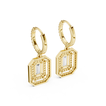 Geometric  Baguette  Cut Drop Earrings • Sparkling Halo Huggies • 1920s Deco Inspired Diamond Dangles