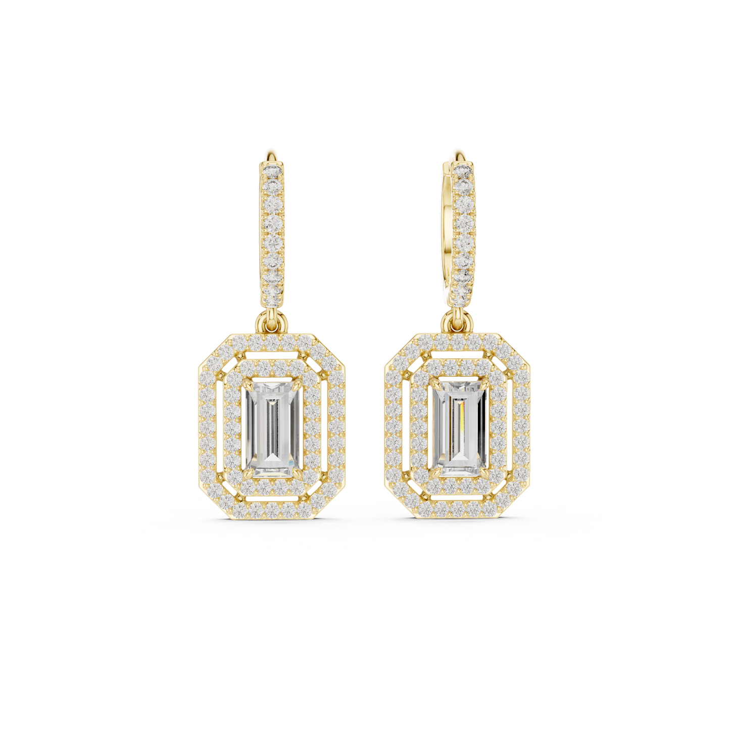 Geometric  Baguette  Cut Drop Earrings • Sparkling Halo Huggies • 1920s Deco Inspired Diamond Dangles
