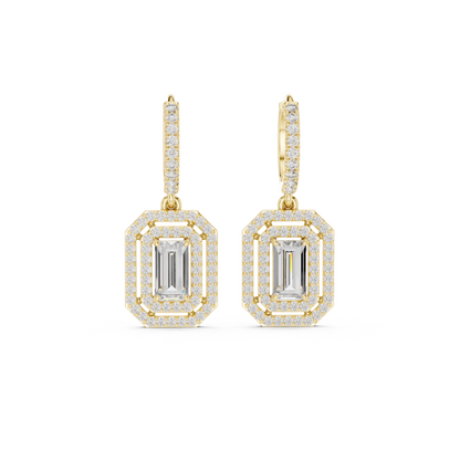 Geometric  Baguette  Cut Drop Earrings • Sparkling Halo Huggies • 1920s Deco Inspired Diamond Dangles