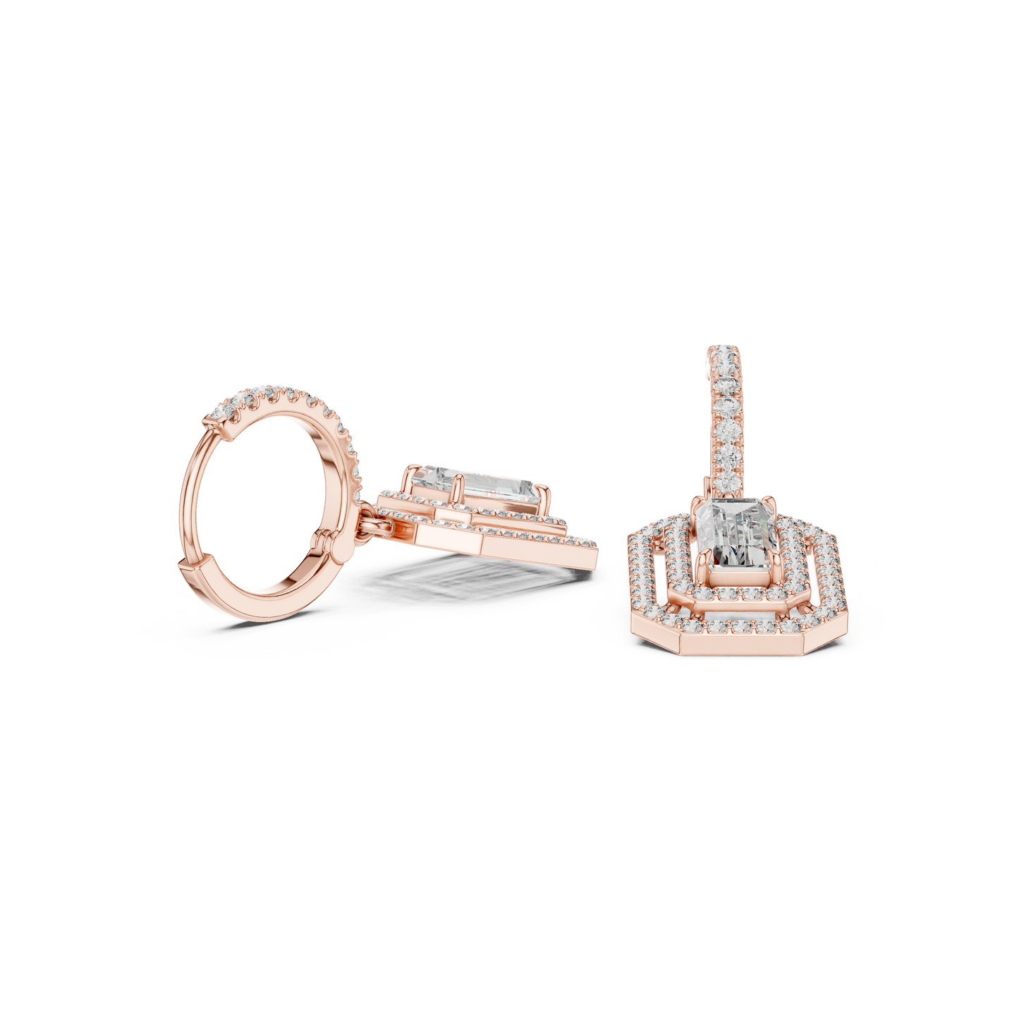 Geometric  Baguette  Cut Drop Earrings • Sparkling Halo Huggies • 1920s Deco Inspired Diamond Dangles