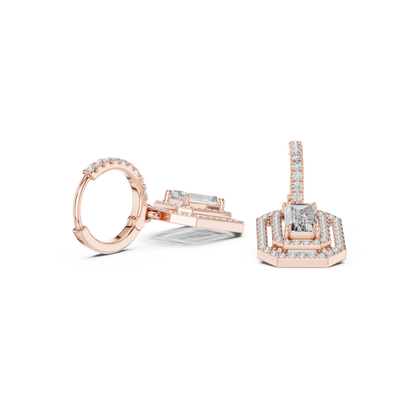 Geometric  Baguette  Cut Drop Earrings • Sparkling Halo Huggies • 1920s Deco Inspired Diamond Dangles