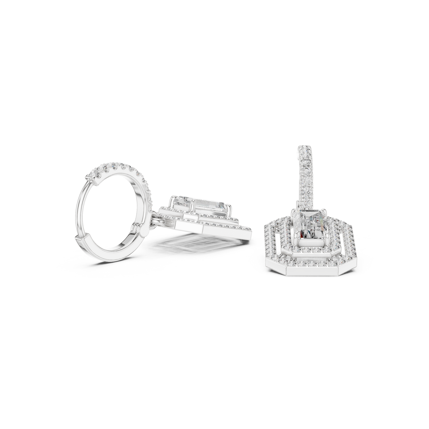 Geometric  Baguette  Cut Drop Earrings • Sparkling Halo Huggies • 1920s Deco Inspired Diamond Dangles