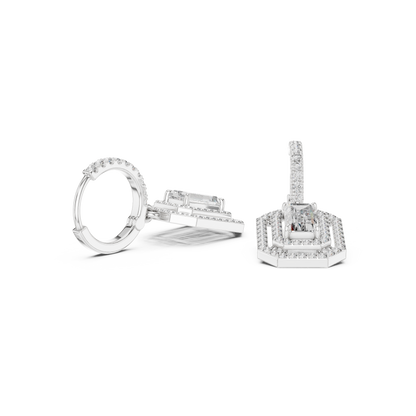 Geometric  Baguette  Cut Drop Earrings • Sparkling Halo Huggies • 1920s Deco Inspired Diamond Dangles