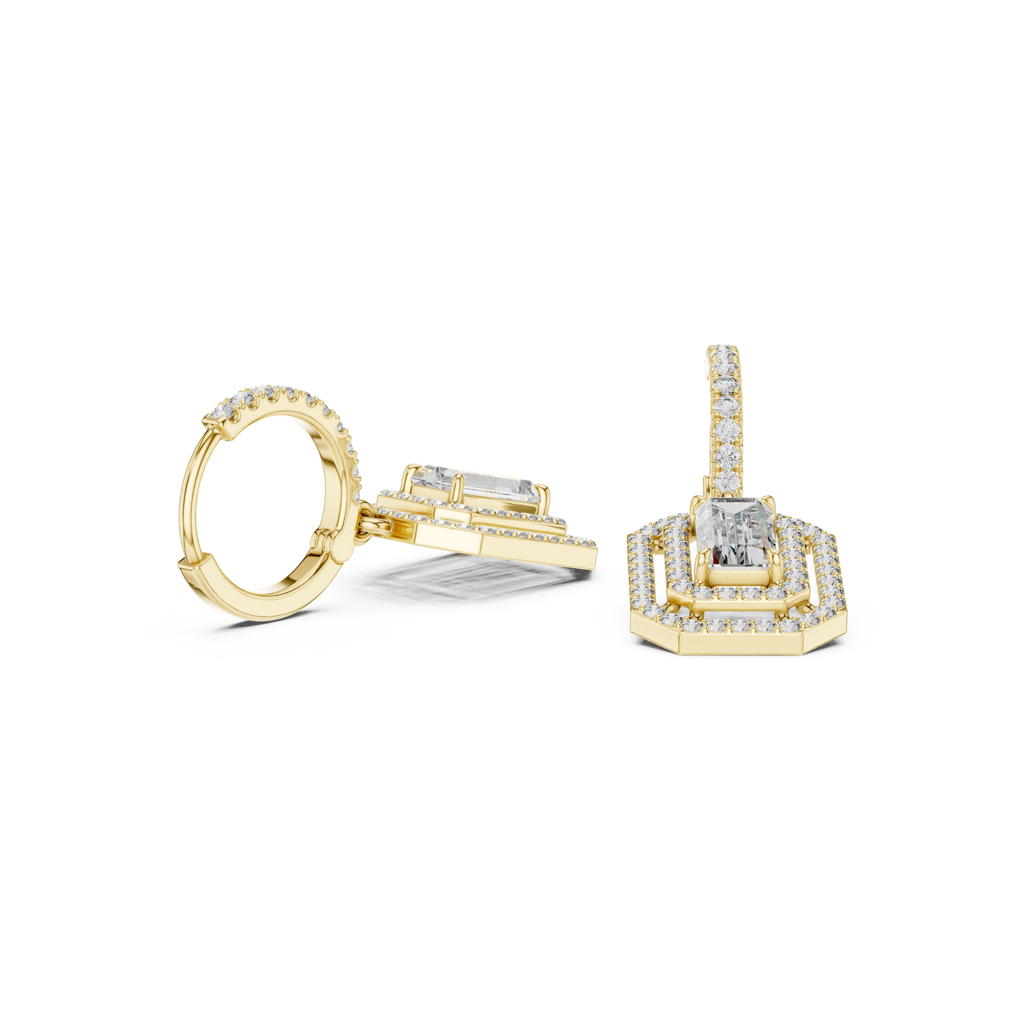 Geometric  Baguette  Cut Drop Earrings • Sparkling Halo Huggies • 1920s Deco Inspired Diamond Dangles