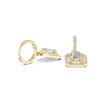 Geometric  Baguette  Cut Drop Earrings • Sparkling Halo Huggies • 1920s Deco Inspired Diamond Dangles