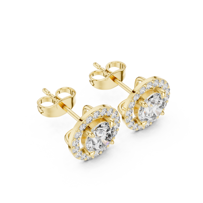 Delicate Halo Circle Studs • Fire-Cut Round Diamond Earrings • Elegant Minimalist Jewelry