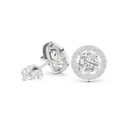 Delicate Halo Circle Studs • Fire-Cut Round Diamond Earrings • Elegant Minimalist Jewelry