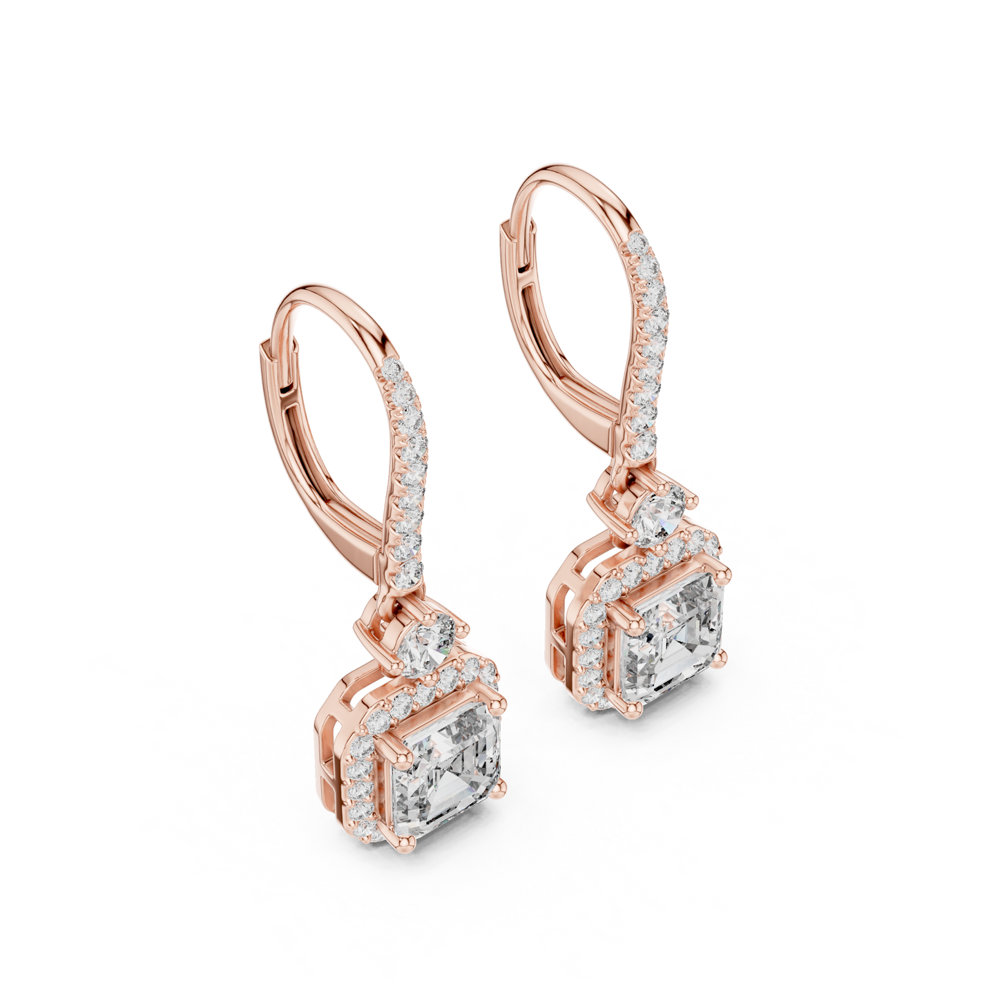 1.00CtAsscher Halo Drop Earrings | Rose Gold Diamond Dangles | Luxury Bridal Anniversary Gift