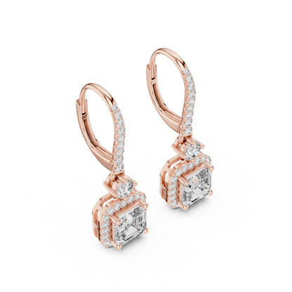 1.00CtAsscher Halo Drop Earrings | Rose Gold Diamond Dangles | Luxury Bridal Anniversary Gift