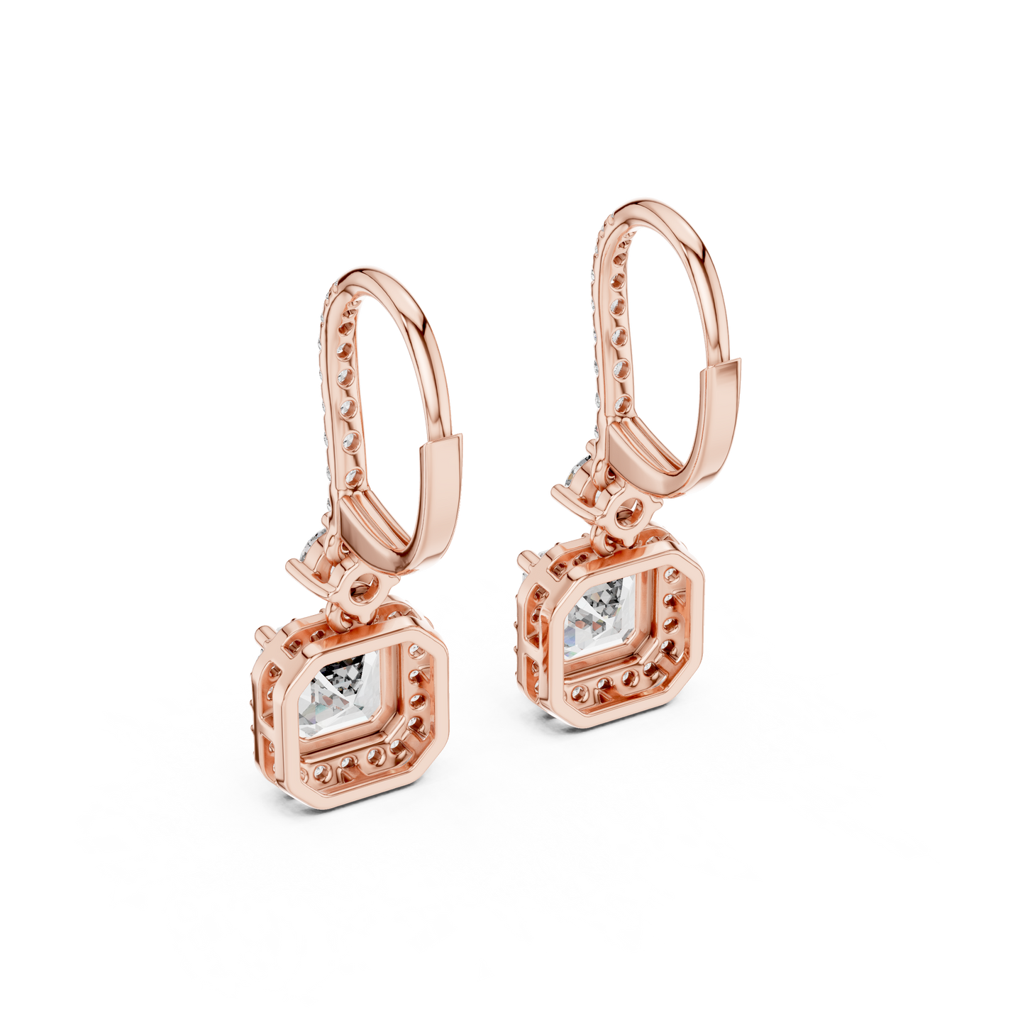 1.00CtAsscher Halo Drop Earrings | Rose Gold Diamond Dangles | Luxury Bridal Anniversary Gift