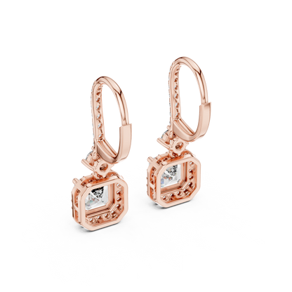 1.00CtAsscher Halo Drop Earrings | Rose Gold Diamond Dangles | Luxury Bridal Anniversary Gift