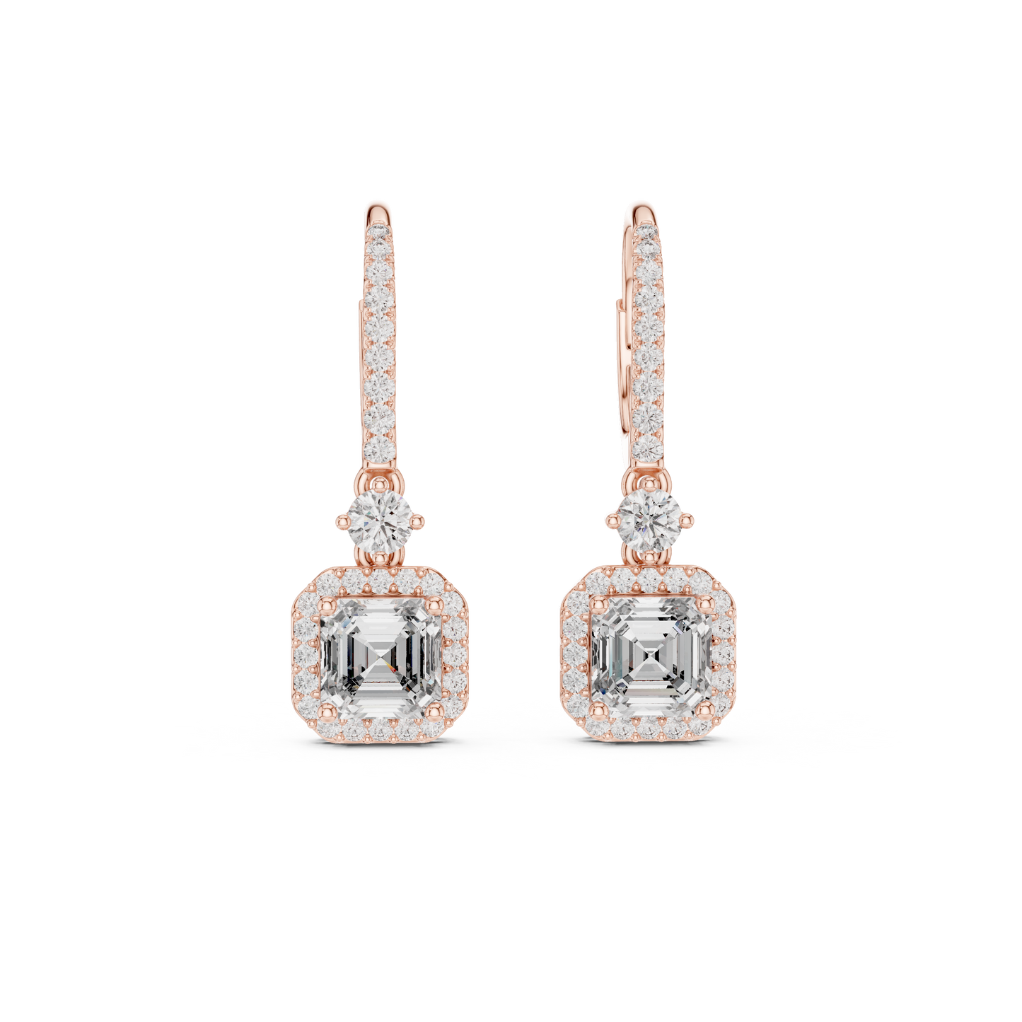 1.00CtAsscher Halo Drop Earrings | Rose Gold Diamond Dangles | Luxury Bridal Anniversary Gift