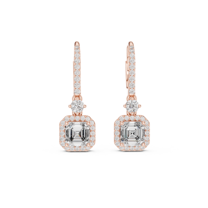 1.00CtAsscher Halo Drop Earrings | Rose Gold Diamond Dangles | Luxury Bridal Anniversary Gift