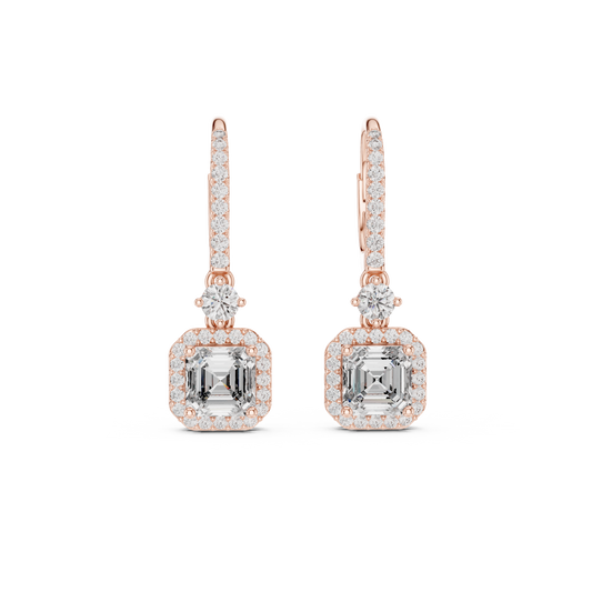 1.00CtAsscher Halo Drop Earrings | Rose Gold Diamond Dangles | Luxury Bridal Anniversary Gift