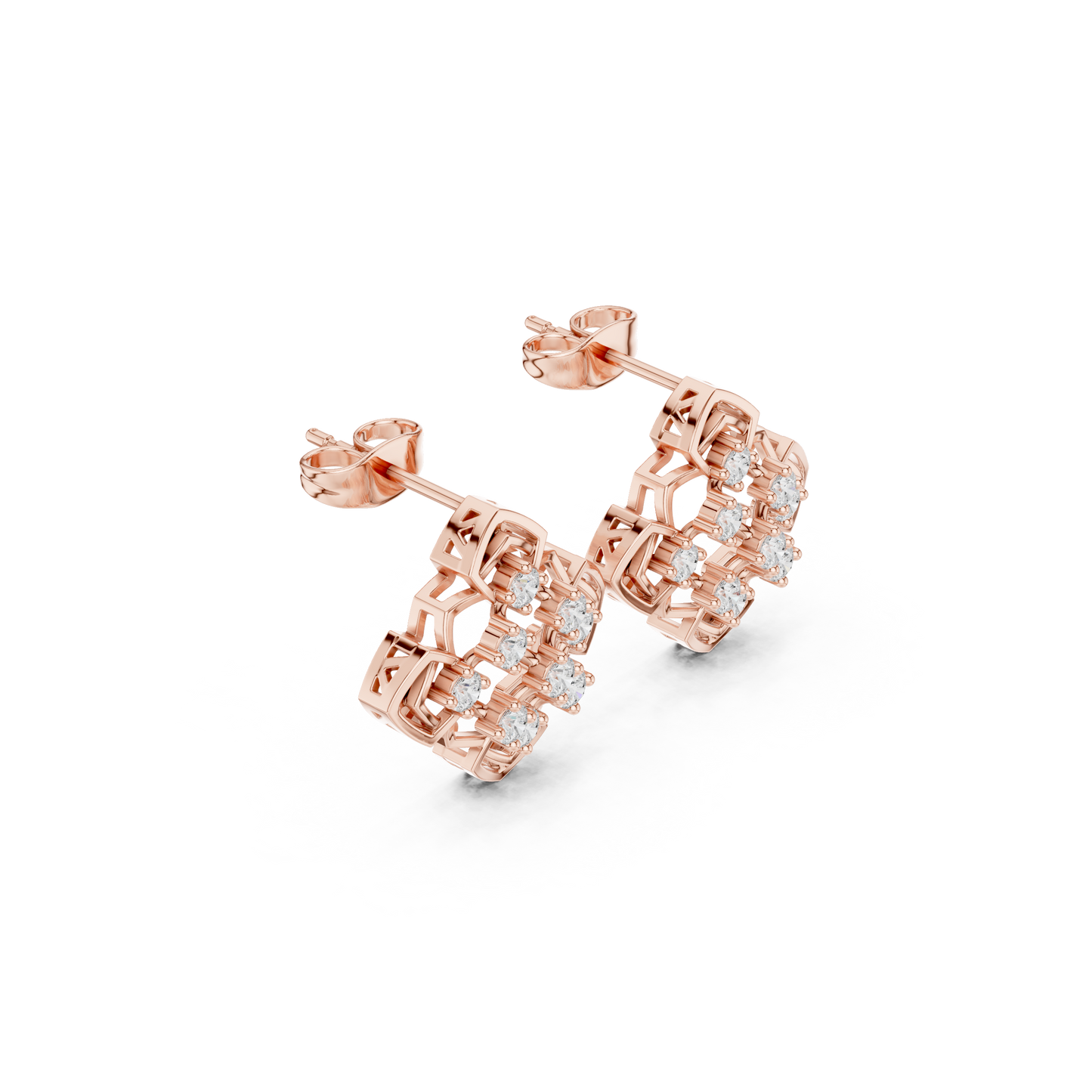 Quantum Lace Diamond Hoops – Sculpted Gold Grid Studs, Rare Luxe Earrings