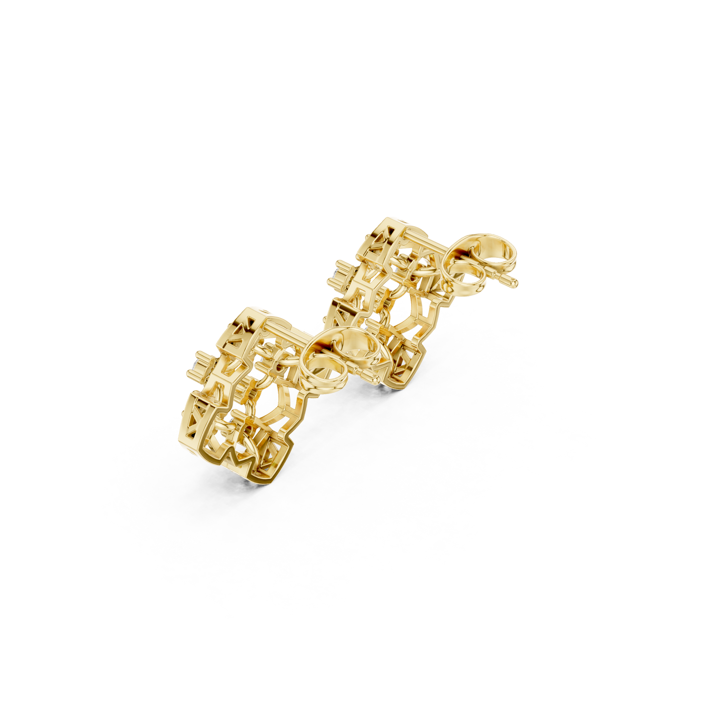 Quantum Lace Diamond Hoops – Sculpted Gold Grid Studs, Rare Luxe Earrings