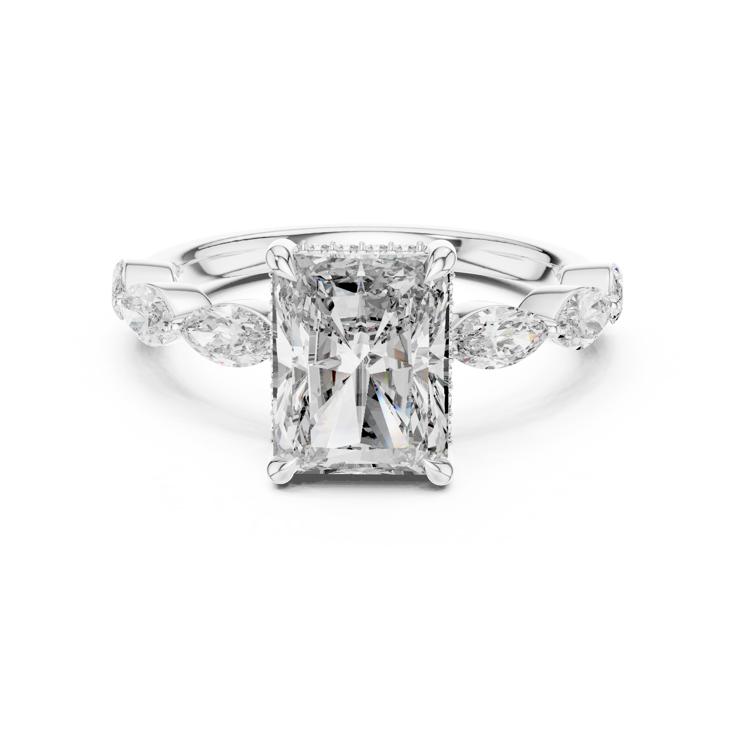 3.00Ct Radiant Rectangle Solitaire Ring with Marquise Side Stones - Timeless Bridal Engagement Piece