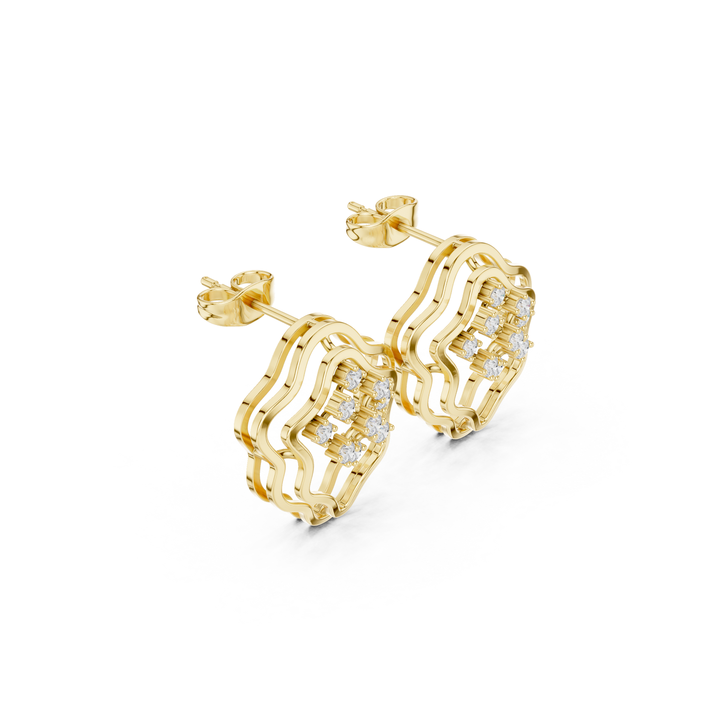 Diamond Pulse Wave Earrings • Multi-Shell Sculpted Gold • Future-Ready Statement Studs