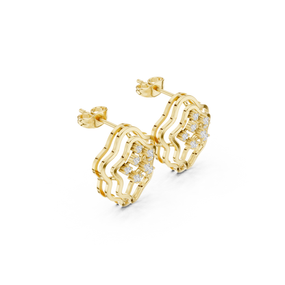 Diamond Pulse Wave Earrings • Multi-Shell Sculpted Gold • Future-Ready Statement Studs