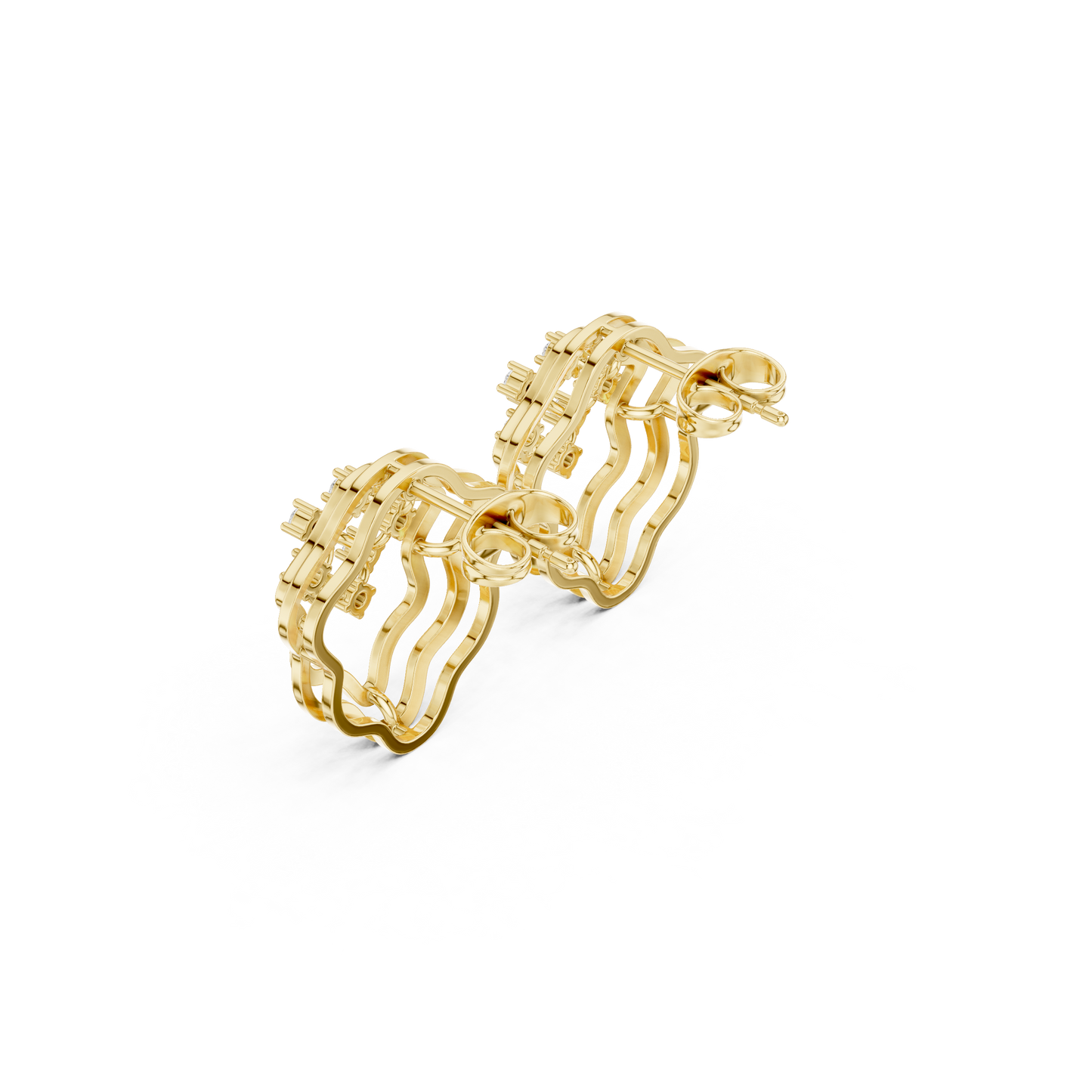 Diamond Pulse Wave Earrings • Multi-Shell Sculpted Gold • Future-Ready Statement Studs