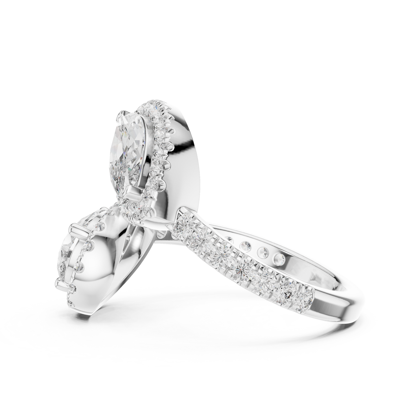 1.00Ct Double Halo Marquise & Pear Bypass Ring- Two Shape Halo - Modern Luxury Meets Timeless Sparkle