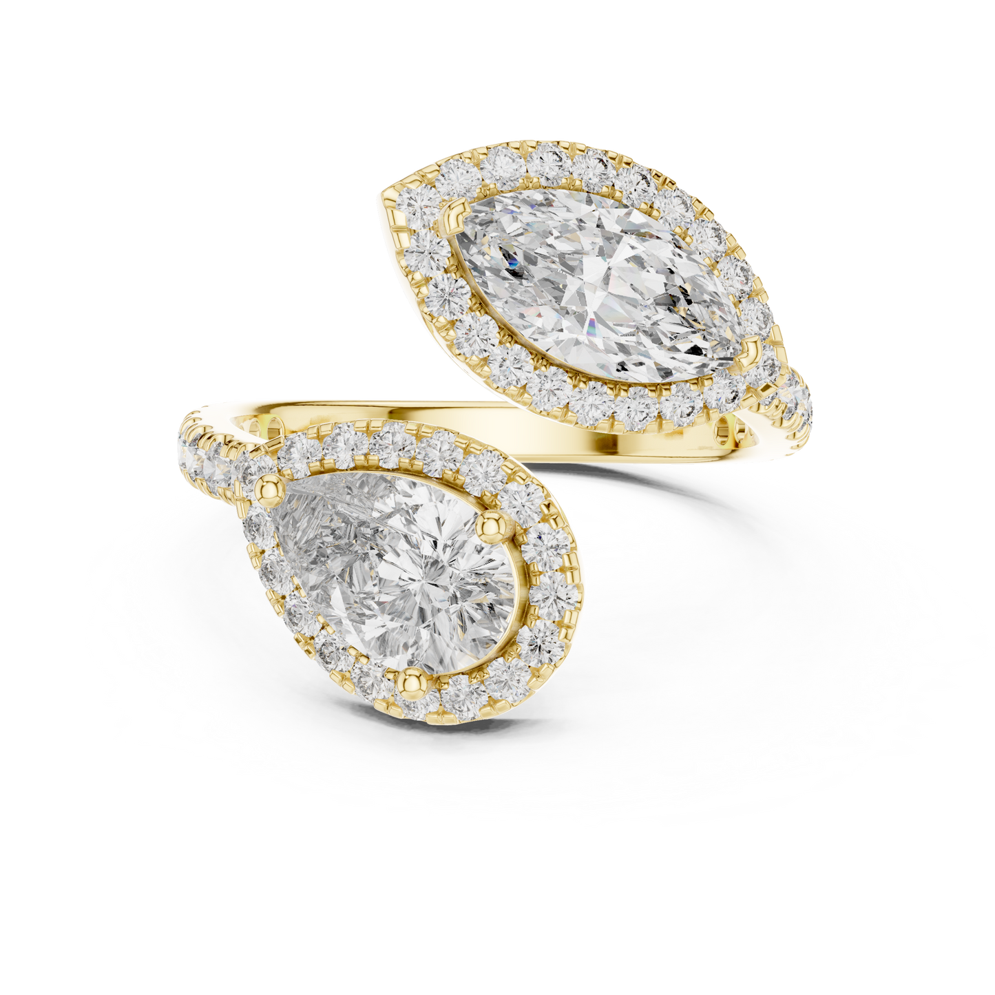 1.00Ct Double Halo Marquise & Pear Bypass Ring- Two Shape Halo - Modern Luxury Meets Timeless Sparkle