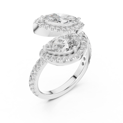 1.00Ct Double Halo Marquise & Pear Bypass Ring- Two Shape Halo - Modern Luxury Meets Timeless Sparkle