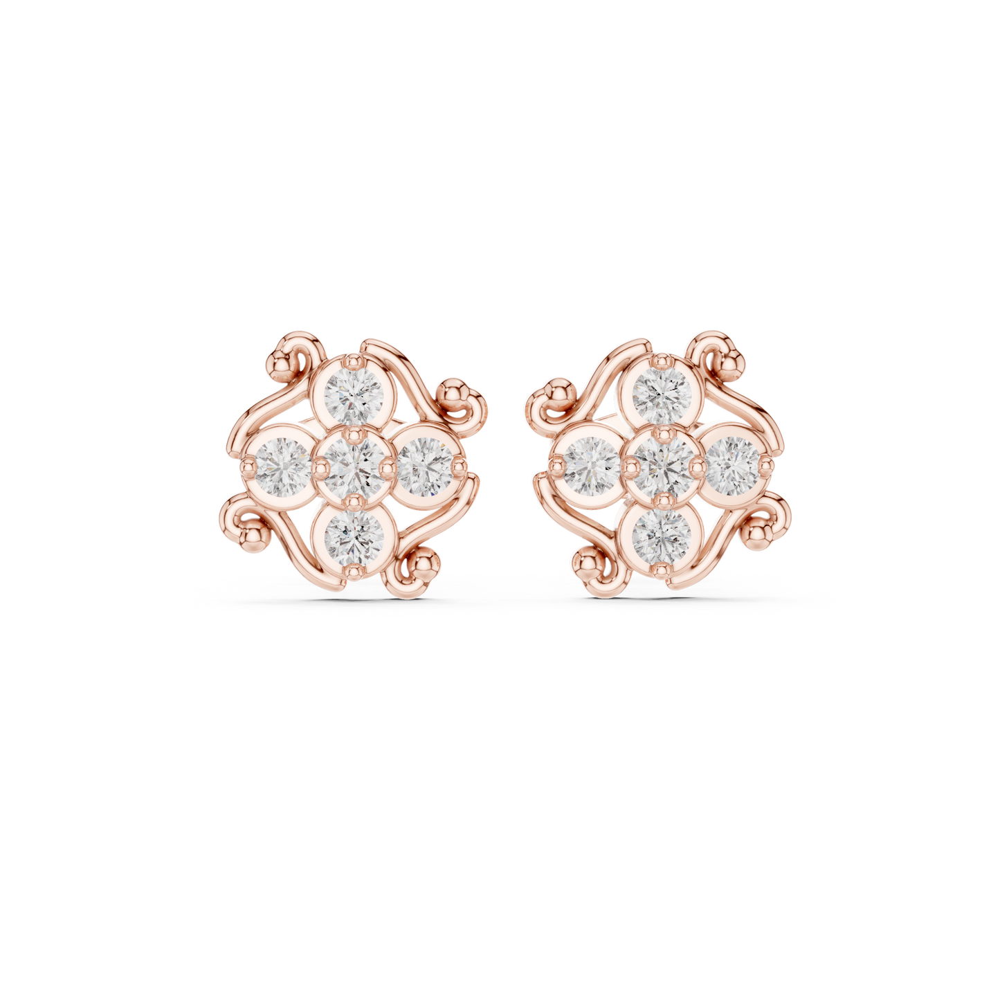 Signature Diamond Studs | Royal Floral Motif | Premium Silver Rose Plated Sparkle Statement Earrings