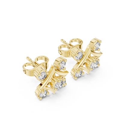 Royal Geometry Diamond Stud Combo Featuring Modern Ear Climber In Fine Gold