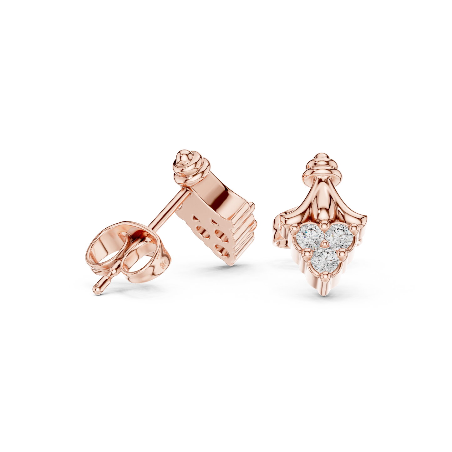 Tri-Diamond Crown Studs • Queen’s Vintage Gold Earrings • Dainty Heirloom Bridal Jewellery