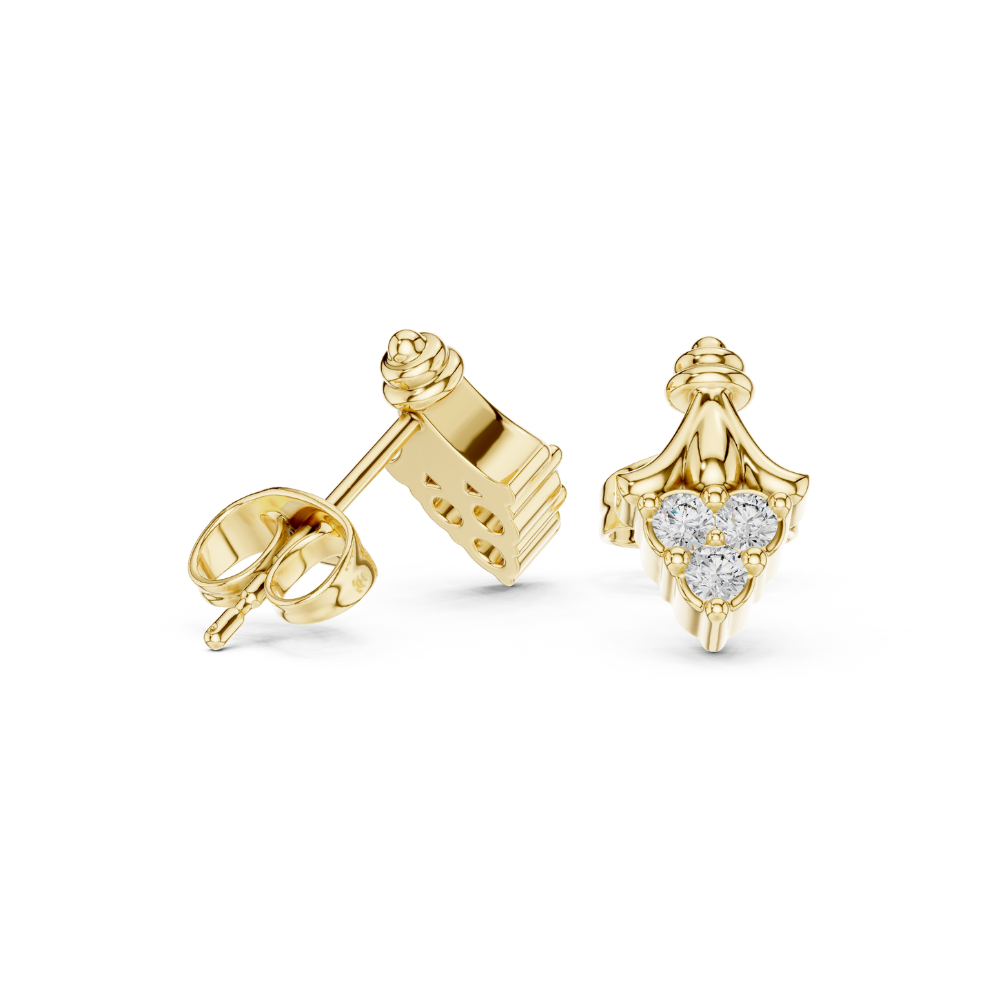 Tri-Diamond Crown Studs • Queen’s Vintage Gold Earrings • Dainty Heirloom Bridal Jewellery