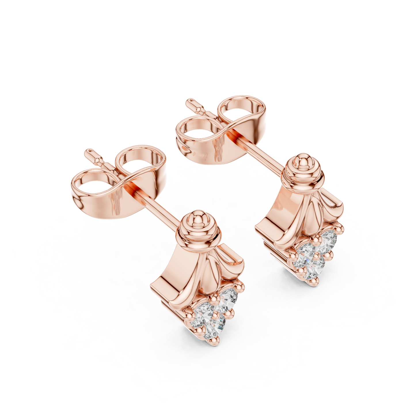 Tri-Diamond Crown Studs • Queen’s Vintage Gold Earrings • Dainty Heirloom Bridal Jewellery