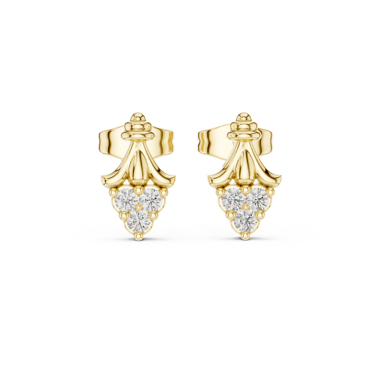 Tri-Diamond Crown Studs • Queen’s Vintage Gold Earrings • Dainty Heirloom Bridal Jewellery
