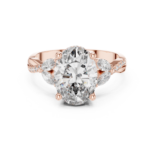 3.00CtNature Inspired Oval Ring – Marquise Leaf Side Stone Engagement Ring – Twisted Band Vintage Style