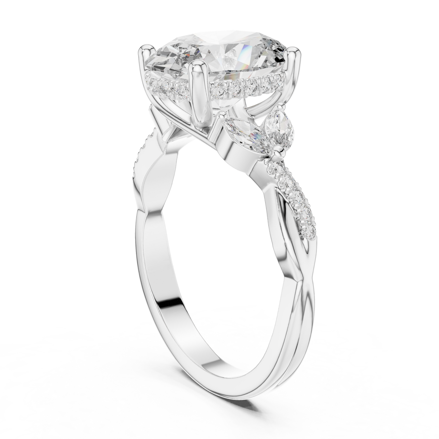 3.00CtNature Inspired Oval Ring – Marquise Leaf Side Stone Engagement Ring – Twisted Band Vintage Style