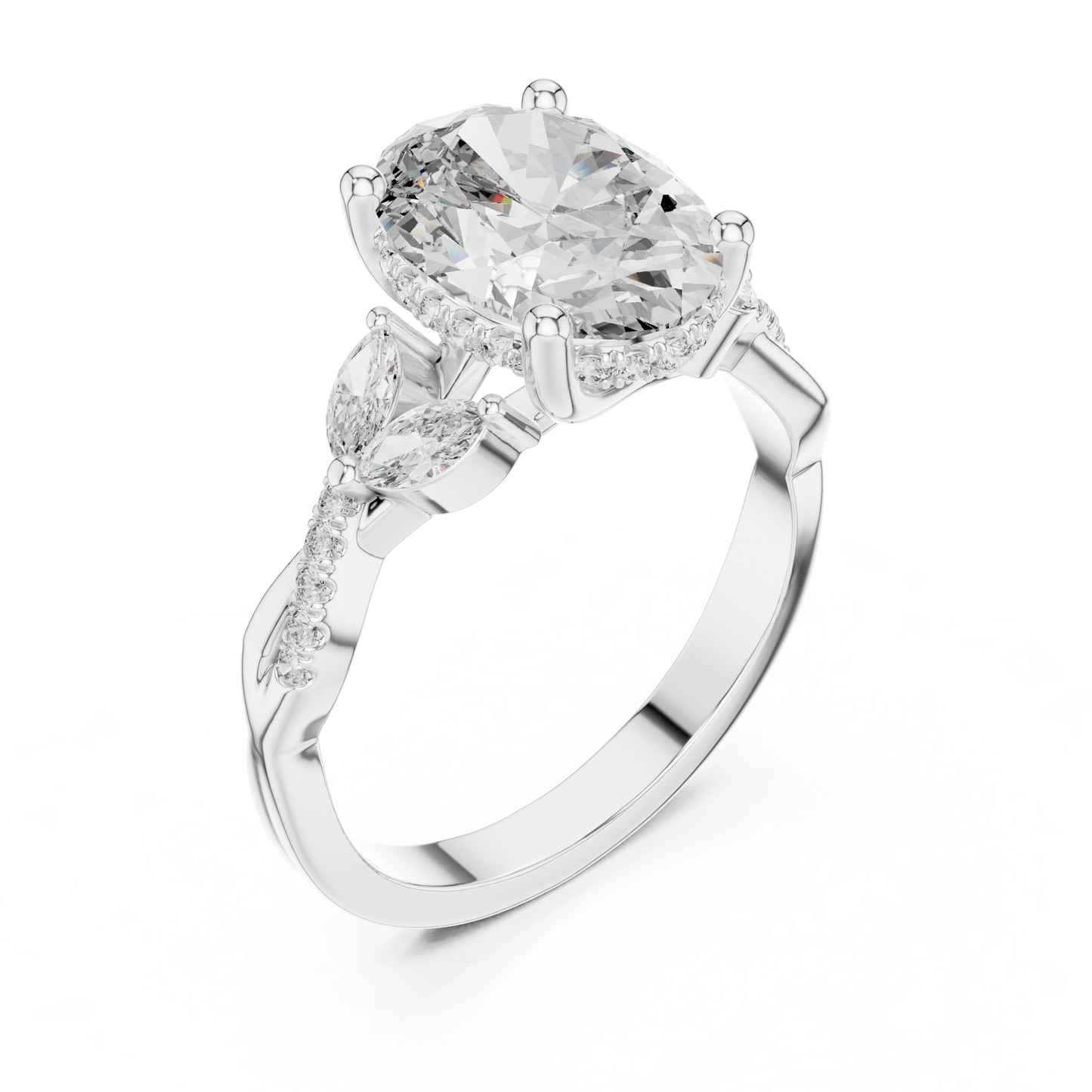 3.00CtNature Inspired Oval Ring – Marquise Leaf Side Stone Engagement Ring – Twisted Band Vintage Style