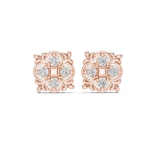 Antique Floral Diamond Earring – Quatrefoil Halo Engagement Earring , Vintage Bridal Jewelry