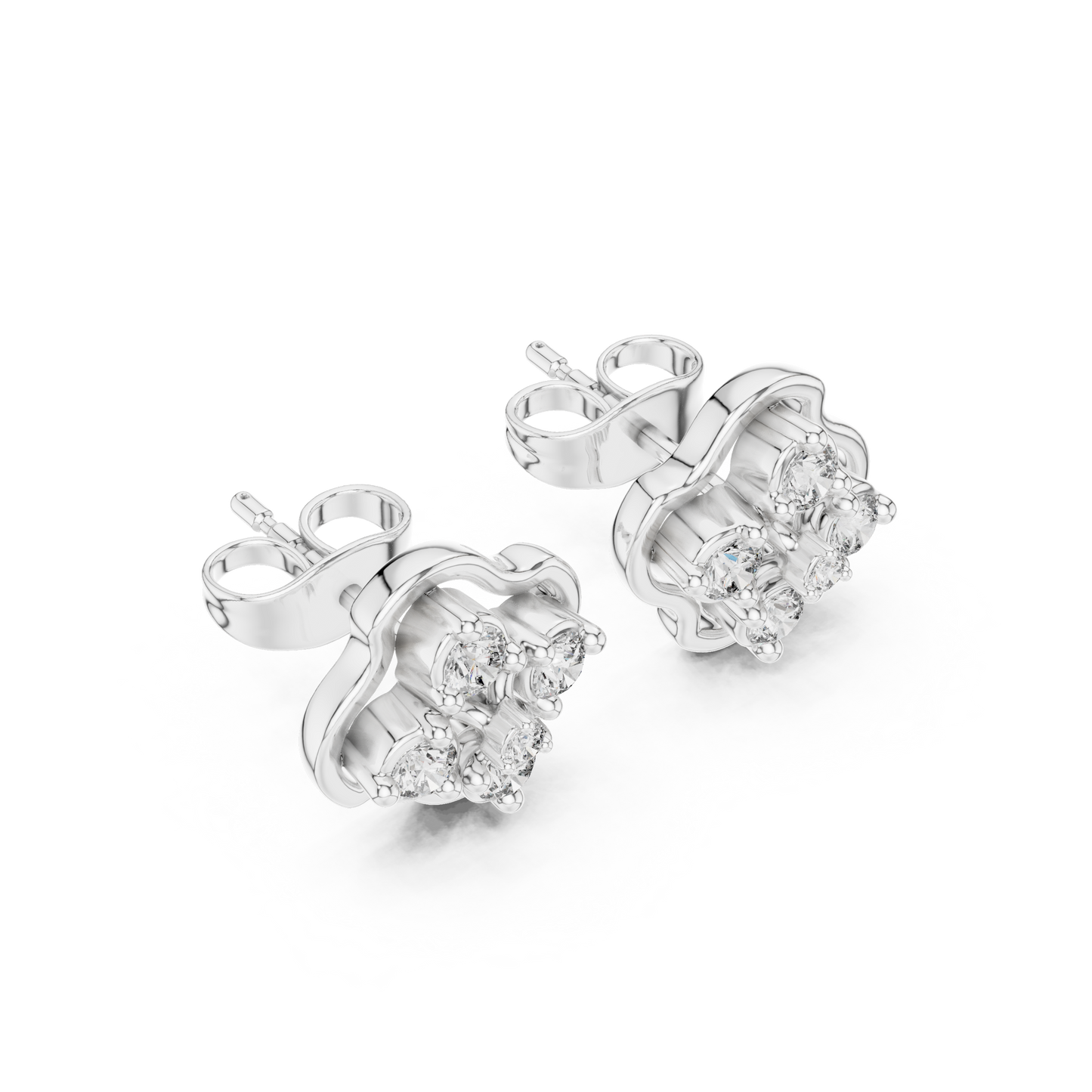 Luminous Floral Diamond Stud Earrings | Prestige Silver Fine Jewelry | Refined Petal Diamond Stud Earrings | High Polish Luxury Silver Jewelry