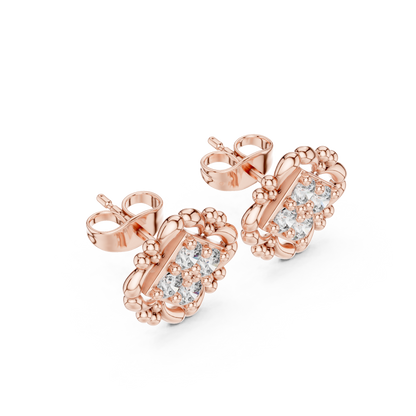 Antique Style Diamond Stud Earrings | Floral Halo Gold Earrings | Wedding & Anniversary Gift