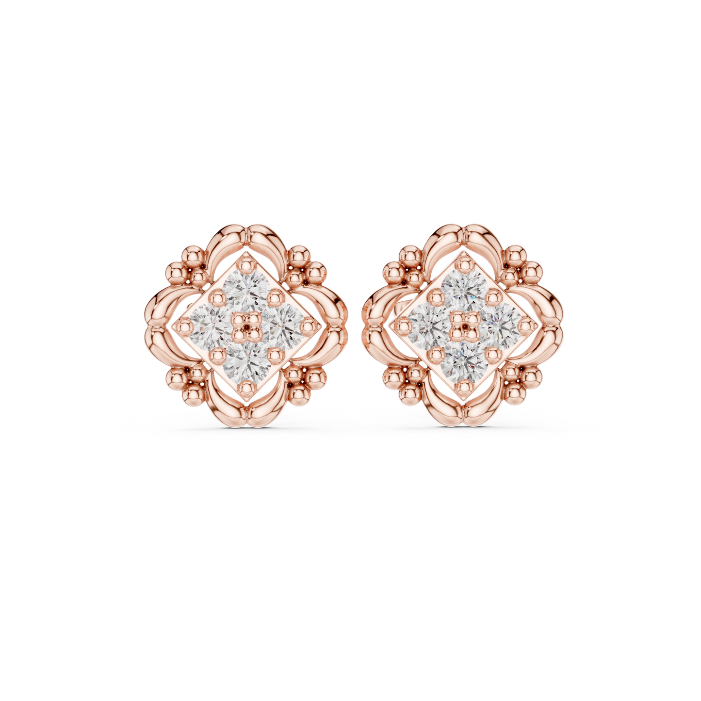 Antique Style Diamond Stud Earrings | Floral Halo Gold Earrings | Wedding & Anniversary Gift