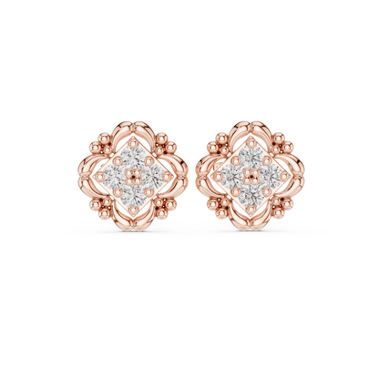 Antique Style Diamond Stud Earrings | Floral Halo Gold Earrings | Wedding & Anniversary Gift