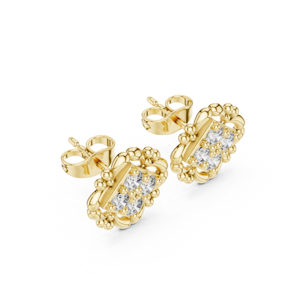 Antique Style Diamond Stud Earrings | Floral Halo Gold Earrings | Wedding & Anniversary Gift