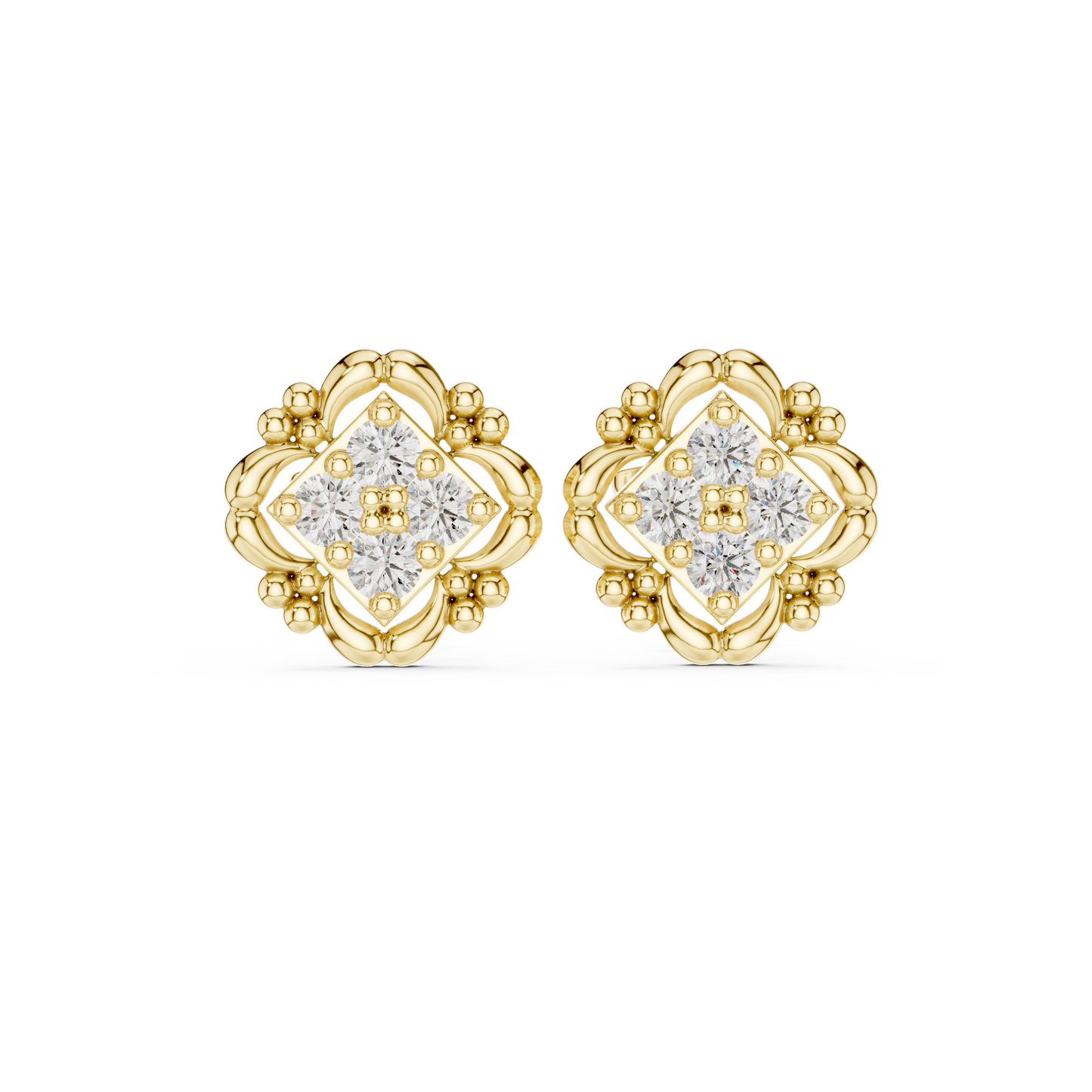 Antique Style Diamond Stud Earrings | Floral Halo Gold Earrings | Wedding & Anniversary Gift
