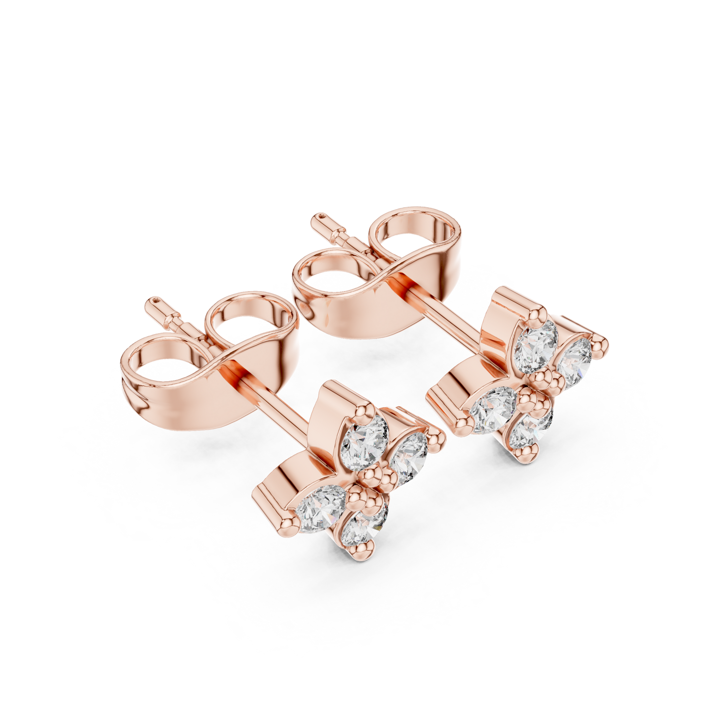 Four Petal Diamond Earrings, 14K Rose Gold Studs, Delicate Flower Diamond Jewelry