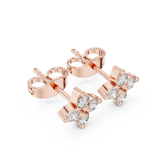 Four Petal Diamond Earrings, 14K Rose Gold Studs, Delicate Flower Diamond Jewelry