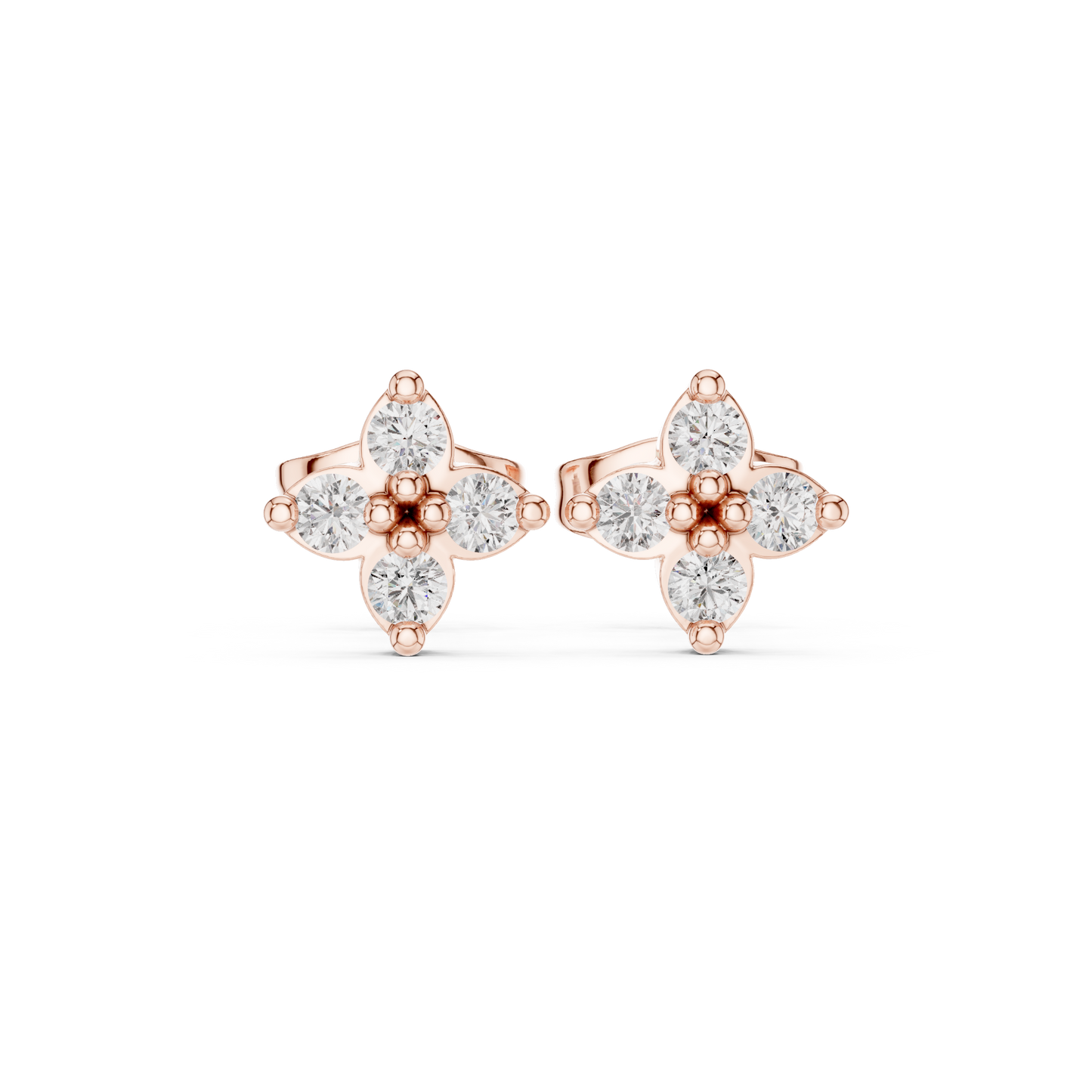 Four Petal Diamond Earrings, 14K Rose Gold Studs, Delicate Flower Diamond Jewelry