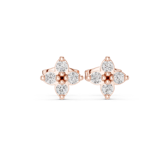 Four Petal Diamond Earrings, Silver Rose Plated Studs, Delicate Flower Diamond Jewelry