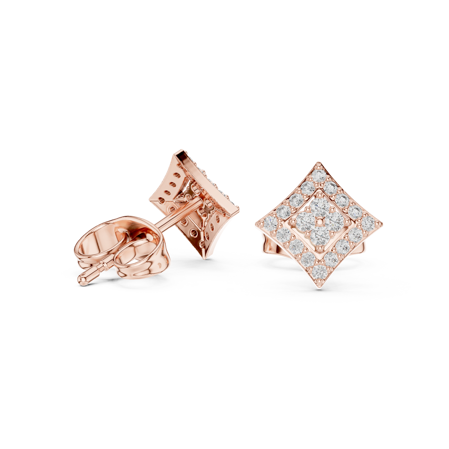 Catwalk Diamond Stud Earrings, Square Pavé Halo, High Jewelry Gold Studs, Elegant Minimal Luxe