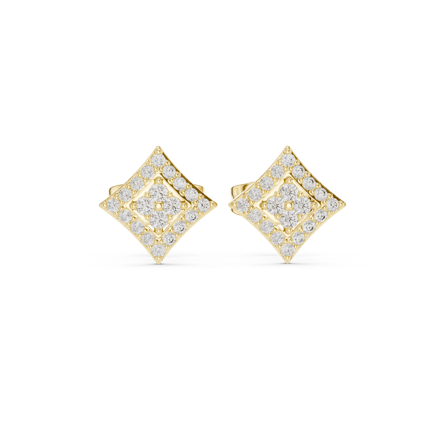 Catwalk Diamond Stud Earrings, Square Pavé Halo, High Jewelry Gold Studs, Elegant Minimal Luxe