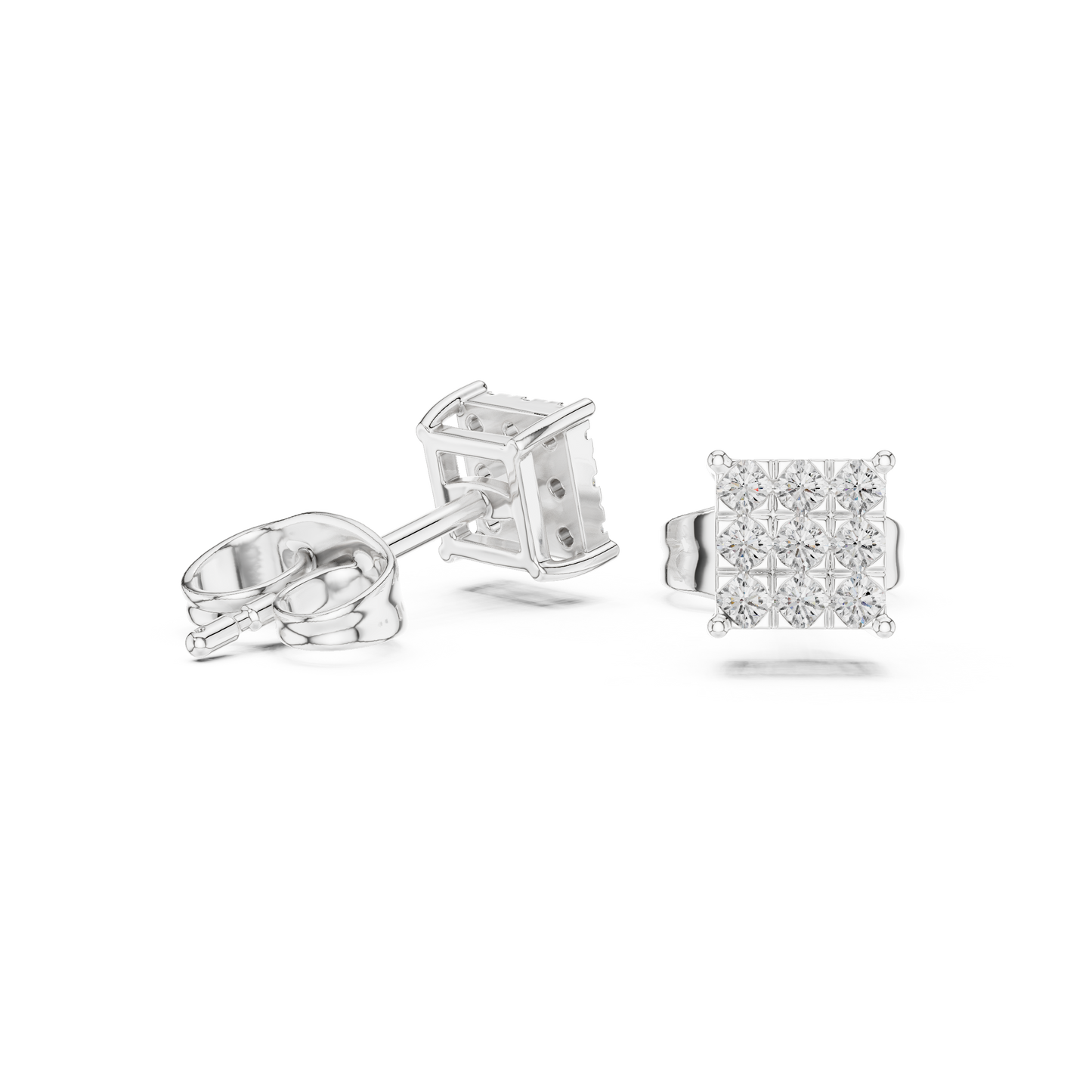 Square Diamond Stud Earrings in Silver | Pavé Cluster Studs | Minimalist Luxury Gift for Her